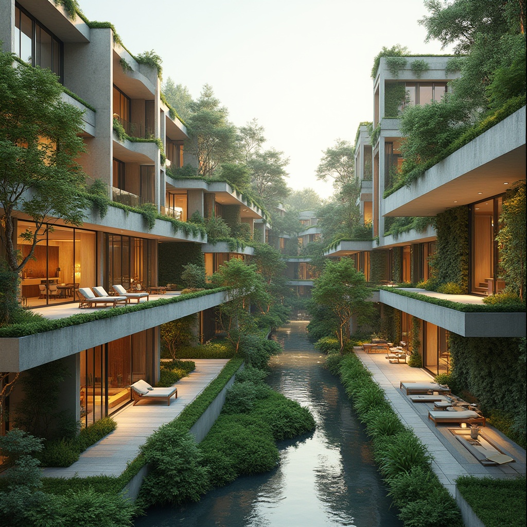 Prompt: Sleek modern buildings, harmonious landscape integration, lush green roofs, verdant walls, natural stone cladding, wooden accents, floor-to-ceiling windows, seamless indoor-outdoor transitions, minimalist outdoor furniture, meandering walkways, serene water features, vibrant flora, urban oasis, ecological balance, sustainable design, energy-efficient systems, optimized natural lighting, 1/2 composition, shallow depth of field, soft warm color palette.