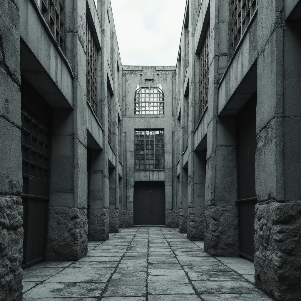 Prompt: Rough concrete walls, rugged stone facades, weathered steel beams, distressed wooden accents, brutalist fortress-like structures, imposing monumental scale, dramatic shadow play, harsh geometric forms, cold industrial atmosphere, overcast skies, low-key lighting, 1/1 composition, stark monochromatic color palette, realistic material textures, ambient occlusion.