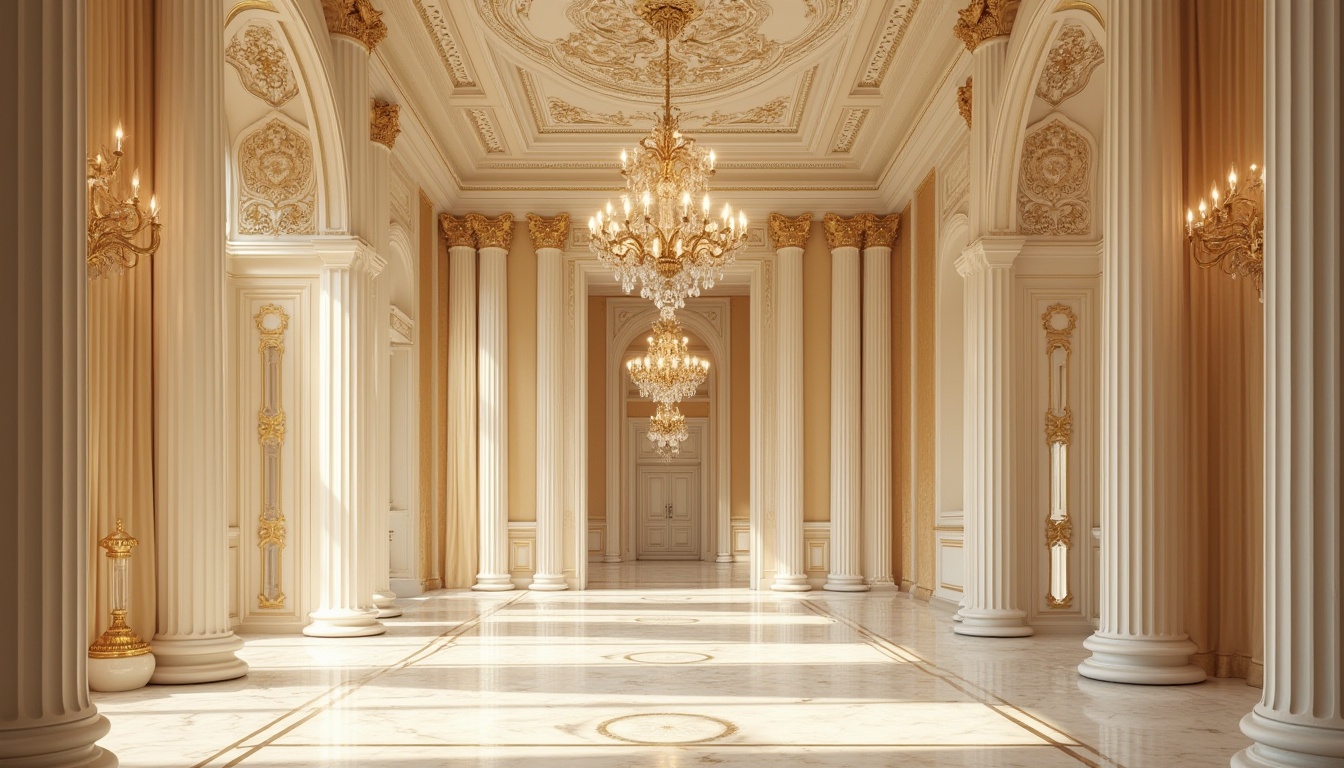 Prompt: Grandiose neoclassical facade, ornate details, soft cream walls, rich gold accents, intricate marble patterns, luxurious velvet drapes, opulent chandeliers, symmetrical composition, warm beige tones, subtle gradient effects, refined elegance, classicism-inspired motifs, ornamental plasterwork, stately columns, majestic archways, harmonious color balance, subtle texture overlays, shallow depth of field, 2/3 composition, soft focus effect.