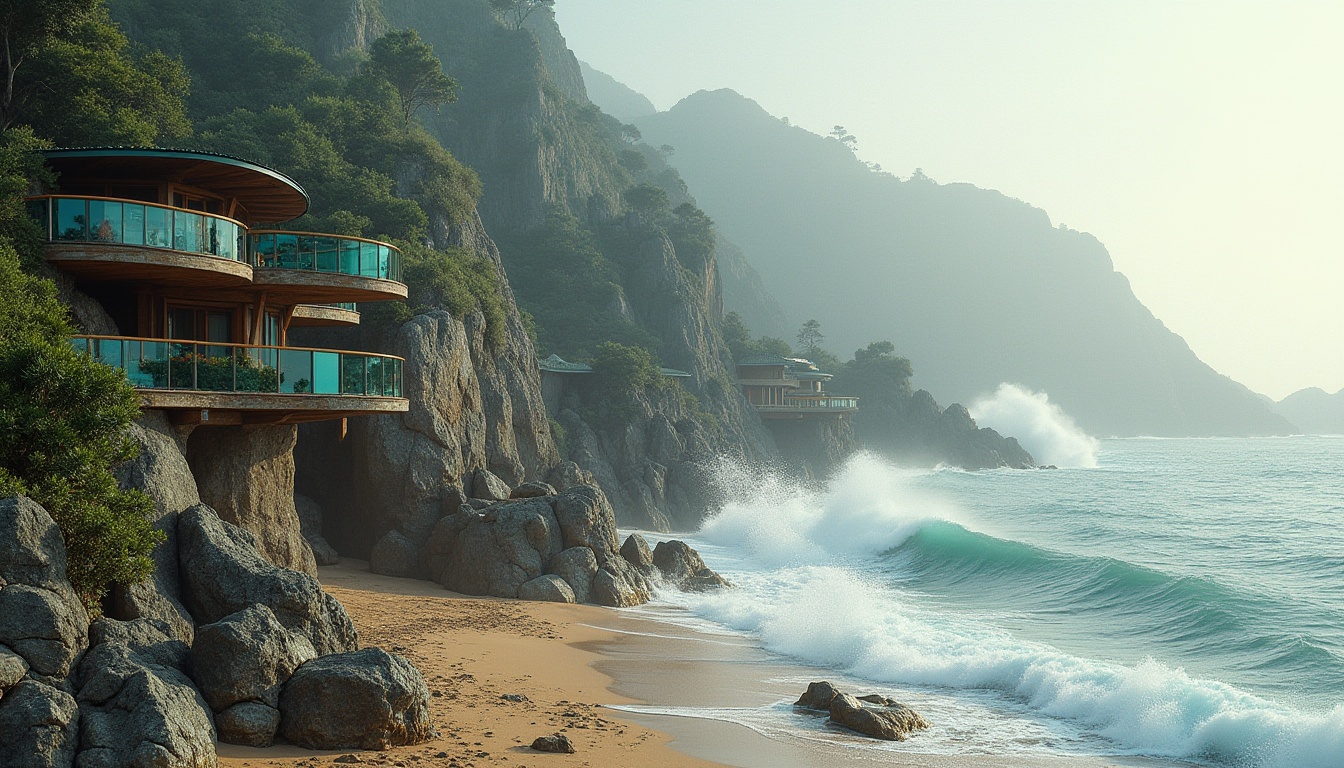 Prompt: Seaside cliffside, rugged rock formations, crashing ocean waves, sandy beaches, driftwood accents, weathered wooden decks, ocean-inspired color palette, blue-green glass railings, curved lines, organic architecture, cantilevered structures, green roofs, native plant species, salt-tolerant vegetation, misty morning atmosphere, warm soft lighting, 1/2 composition, atmospheric perspective, realistic water effects, subtle texture details.