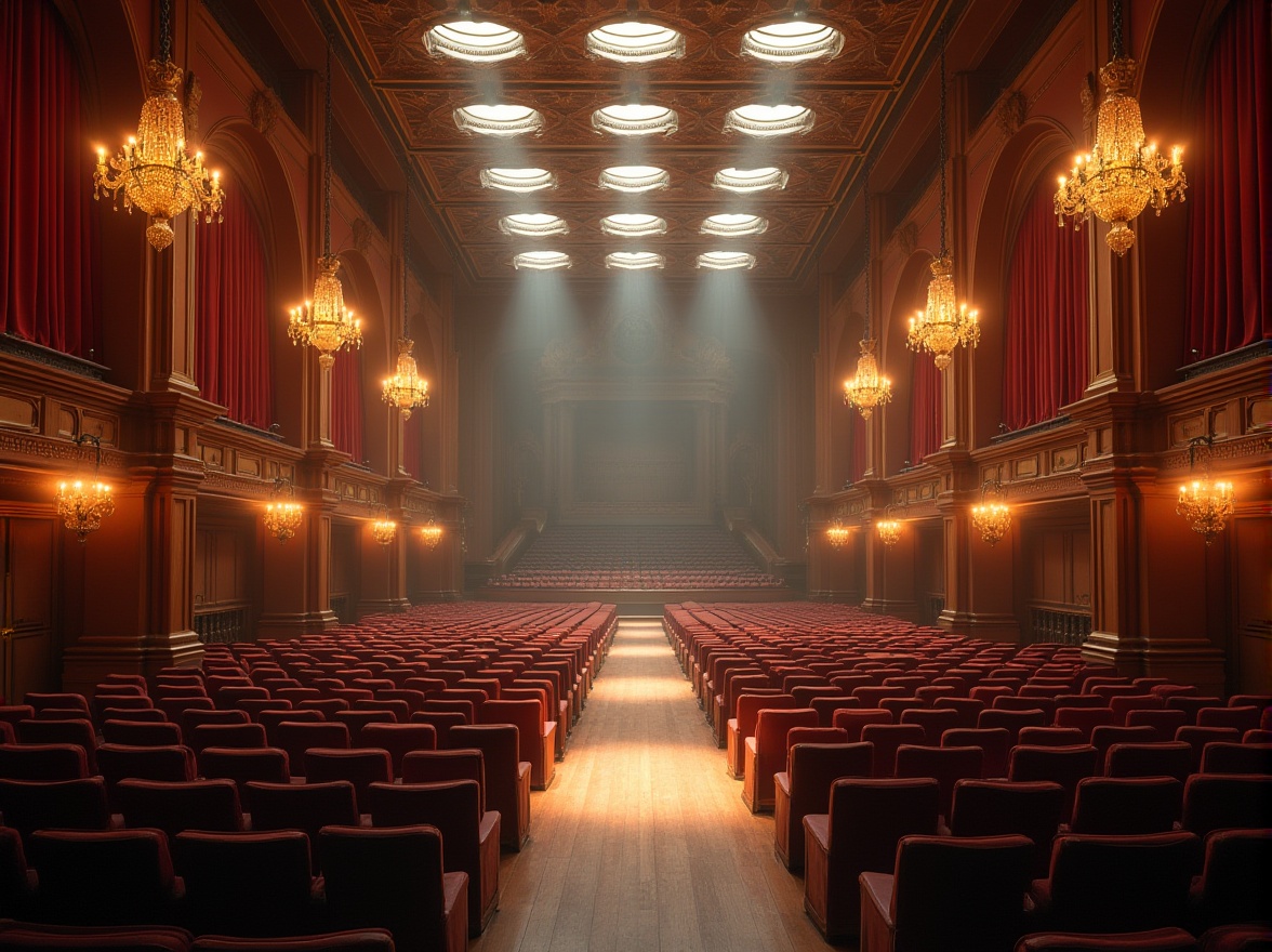 Prompt: Grand concert hall, high ceilings, ornate chandeliers, wooden flooring, velvet curtains, dramatic spotlights, soft warm glow, natural daylight, clerestory windows, diffused sunlight, ambient shadows, 1/1 composition, shallow depth of field, realistic textures, subtle color palette, luxurious atmosphere, comfortable seating, intimate setting.