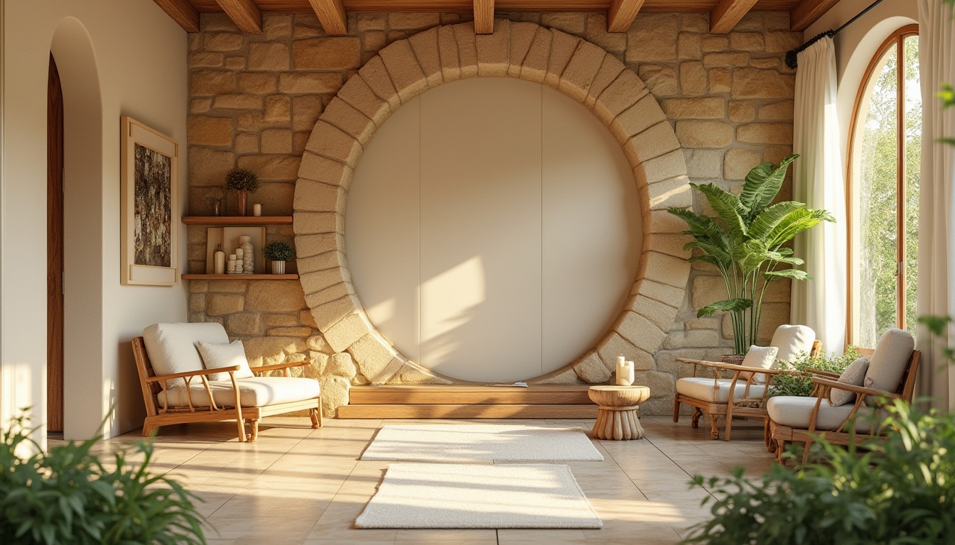 Prompt: Warm earthy tones, natural stone walls, wooden accents, soft pastel hues, calming beige backgrounds, creamy white trim, rich brown furniture, lush greenery surroundings, serene outdoor spaces, warm sunny days, soft gentle lighting, 3/4 composition, realistic textures, ambient occlusion.