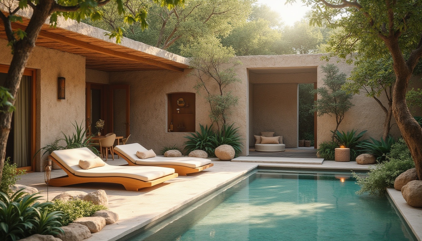 Prompt: \Soothing villa, earthy tones, natural stone walls, lush greenery, warm beige furniture, soft cream accents, calming blue hues, serene water features, tranquil atmosphere, warm golden lighting, shallow depth of field, 1/1 composition, intimate perspective, realistic textures, ambient occlusion.\