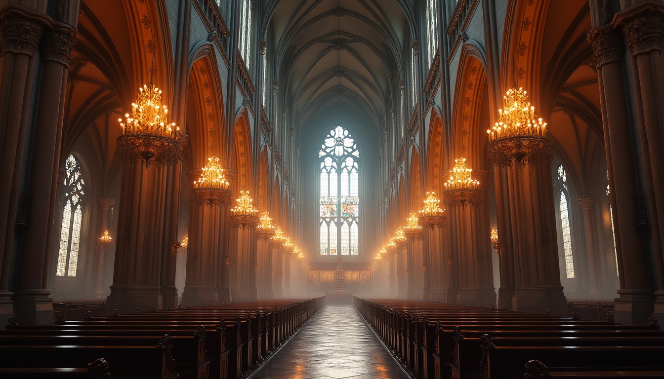 Prompt: Grand cathedral interior, soaring vaulted ceilings, ribbed arches, stained glass windows, intricate stone carvings, dramatic chandeliers, ornate pews, mysterious ambiance, soft warm lighting, rich wood tones, fleur-de-lis patterns, pointed arches, flying buttresses, grandiose scale, atmospheric fog, high contrast ratio, cinematic composition, realistic textures, ambient occlusion.