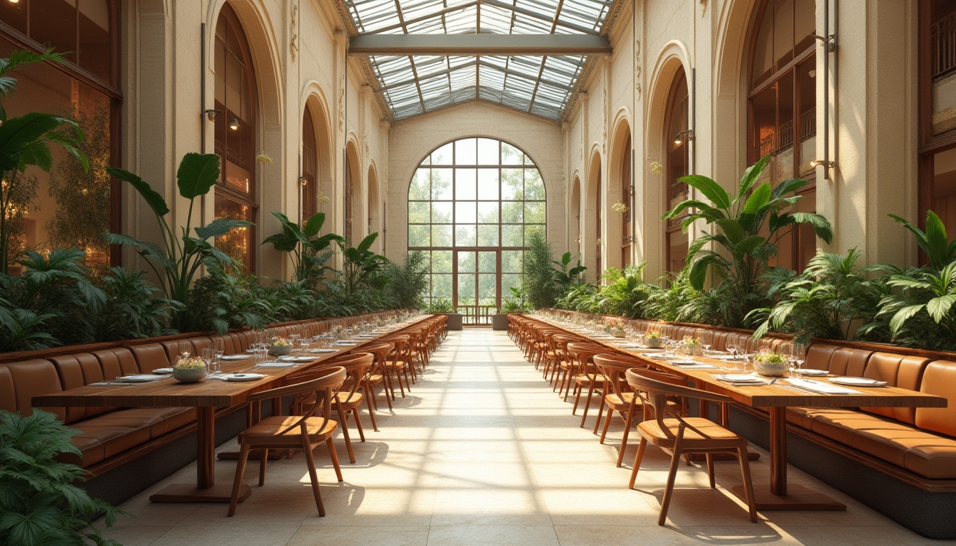 Prompt: Spacious dining hall, high ceilings, large windows, glass roofs, skylights, natural stone floors, wooden tables, comfortable seating, warm beige walls, vibrant greenery, lush plants, soft diffused lighting, indirect sunlight, 1/2 composition, shallow depth of field, realistic textures, ambient occlusion, warm color tone, inviting atmosphere.