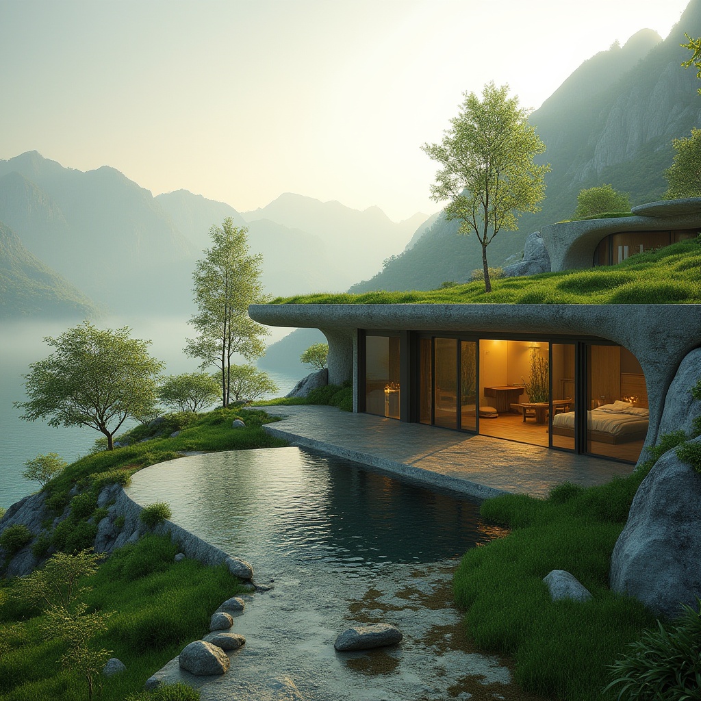 Prompt: Harmonious landscape integration, lush green roofs, natural stone walls, curved lines, organic architecture, seamless transitions, blurred boundaries, modern minimalist design, large windows, sliding glass doors, panoramic views, surrounding mountains, serene lakeside, misty morning, warm golden lighting, shallow depth of field, 3/4 composition, realistic textures, ambient occlusion.