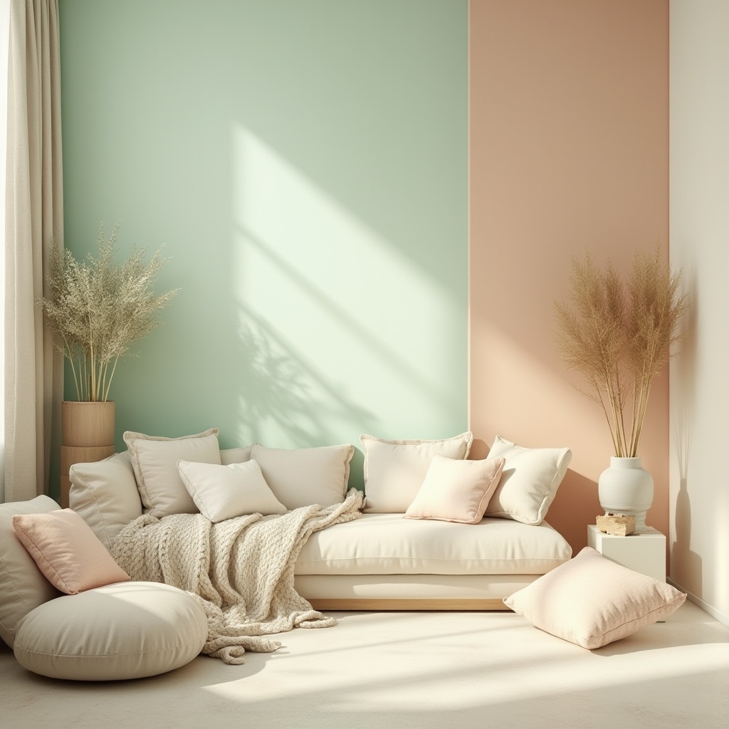 Prompt: Pastel mint walls, soft peach accents, creamy white furniture, natural wood textures, organic shapes, minimalist decor, calming atmosphere, serene ambiance, indirect sunlight, warm beige tones, gentle color transitions, subtle gradient effects, modern Scandinavian design, cozy reading nook, plush throw pillows, fresh greenery, delicate patterns, elegant typography, clean lines, simple composition, 1/1 aspect ratio, soft focus, atmospheric lighting.