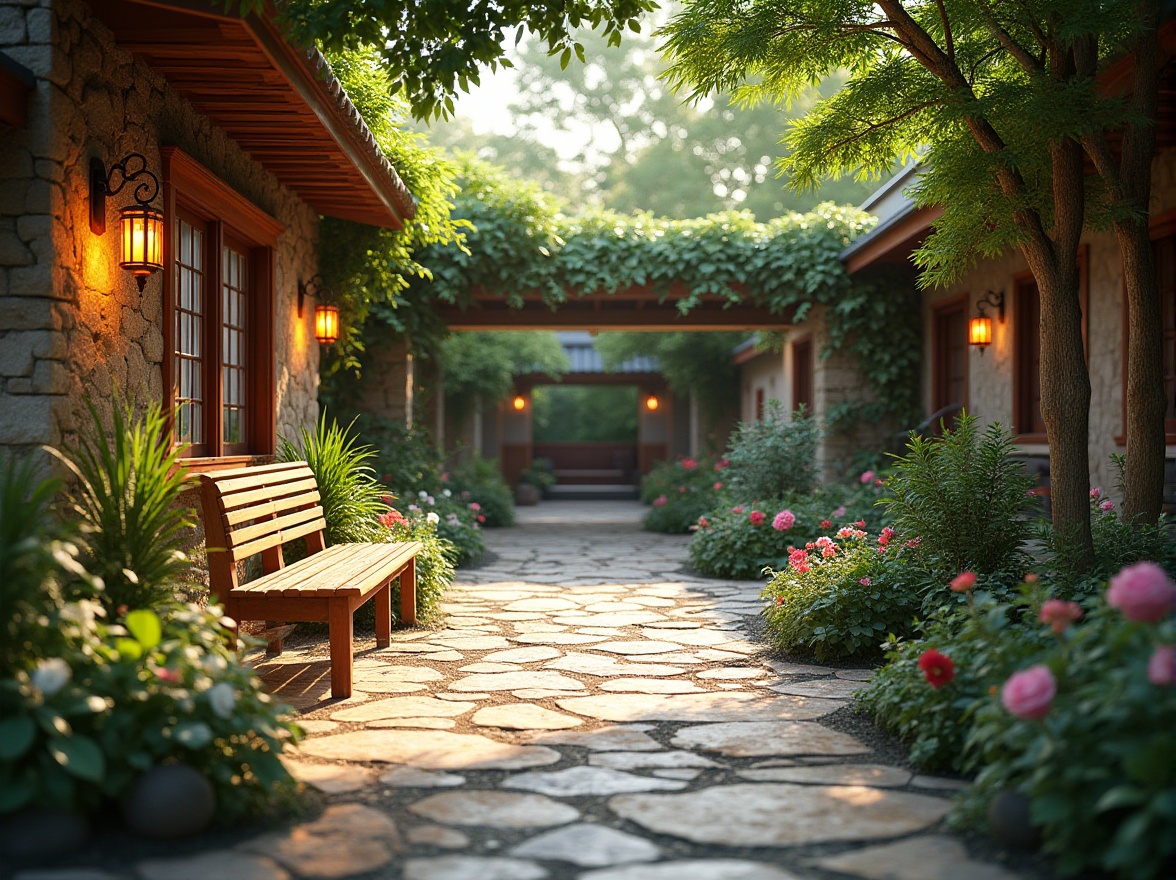 Prompt: Inviting patio, lush greenery, vibrant flowers, wooden benches, rustic stone walls, lantern-style lighting, warm ambiance, natural textures, organic shapes, meandering pathways, serene water features, trickling fountains, sunny afternoon, soft warm lighting, shallow depth of field, 3/4 composition, panoramic view, realistic renderings, ambient occlusion.