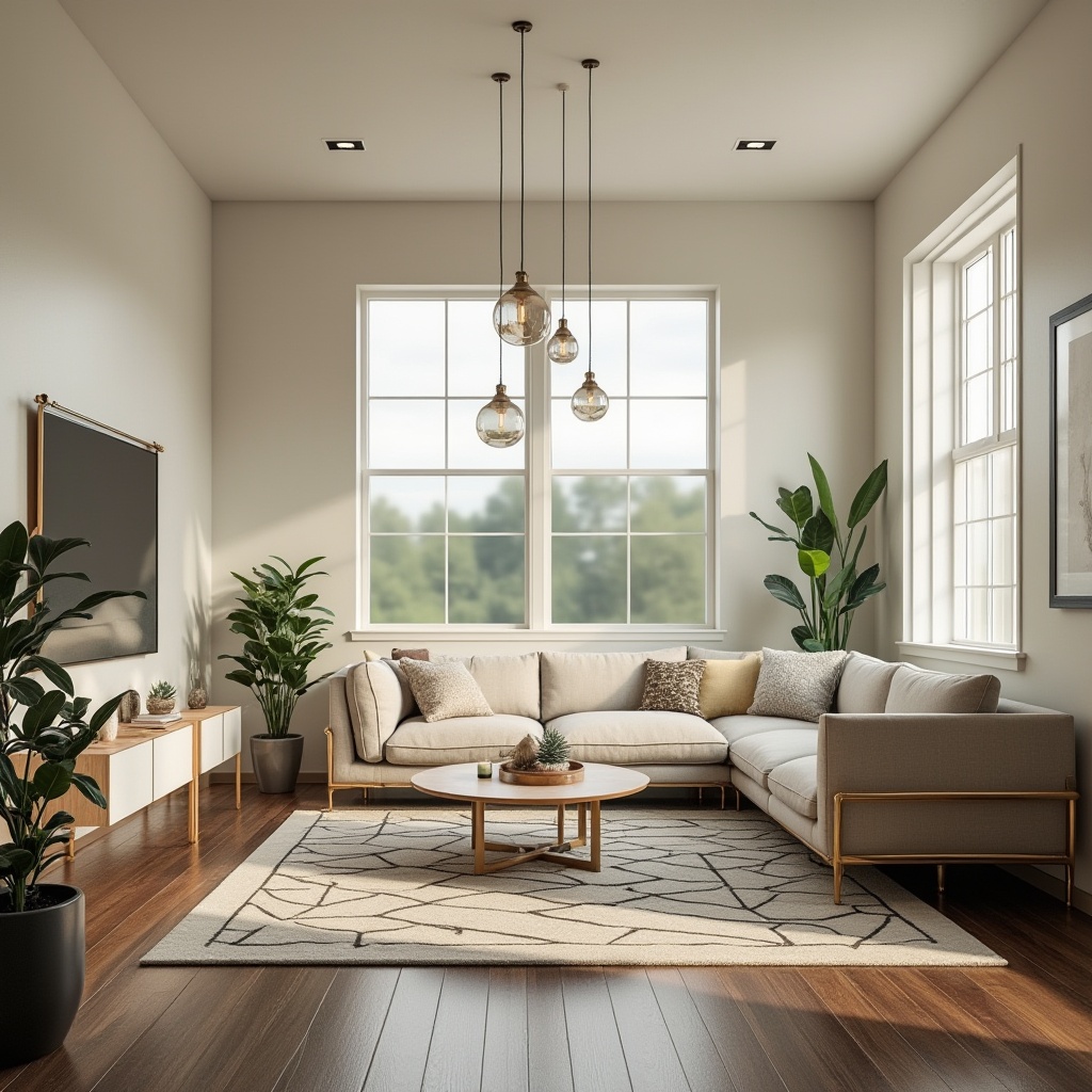 Prompt: Cozy living room, modern minimalist decor, creamy white walls, dark hardwood floors, comfortable sectional sofa, sleek coffee table, pendant lighting fixtures, geometric patterned rug, greenery accents, floor-to-ceiling windows, natural light pouring in, warm ambient glow, 1/1 composition, shallow depth of field, soft focus background, realistic textures, ambient occlusion.