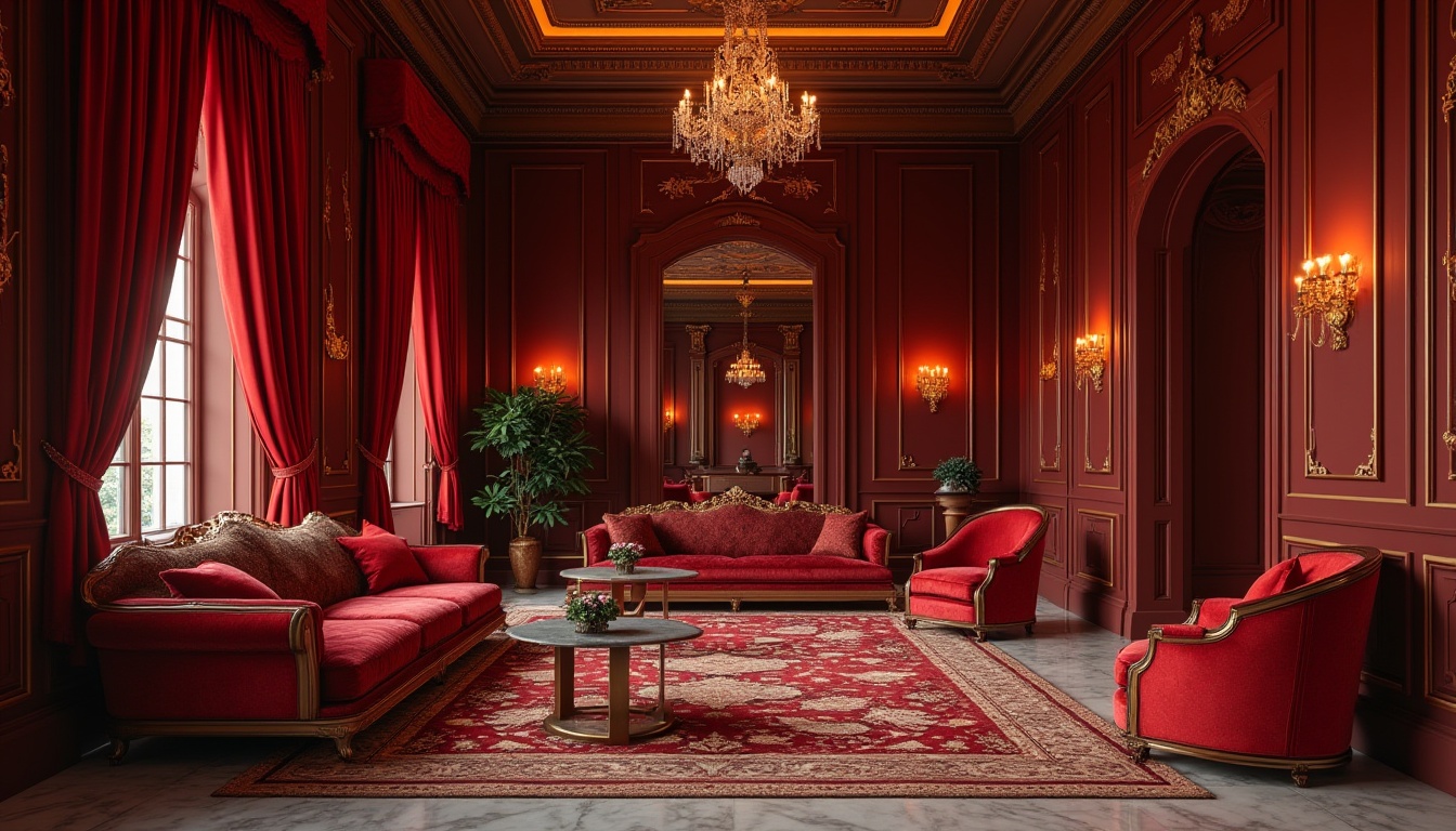 Prompt: Rich maroon walls, luxurious velvet drapes, warm golden lighting, ornate wooden furniture, intricate carvings, lavish crystal chandeliers, sumptuous fabric upholstery, bold geometric patterns, vibrant crimson accents, sophisticated ambiance, dramatic high ceilings, elegant marble floors, refined metallic details, intimate cozy atmosphere, soft warm glow, shallow depth of field, 1/1 composition, realistic textures, ambient occlusion.