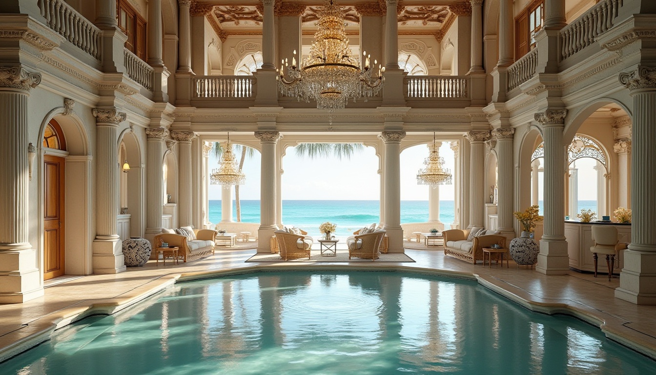 Prompt: \Elaborate beachside mansion, ornate wooden decorations, curved balconies, grand entranceways, lavish chandeliers, intricate stonework, seaside-inspired color palette, turquoise accents, creamy whites, weathered wood textures, driftwood furniture, ocean-breeze-inspired interior design, floor-to-ceiling windows, panoramic ocean views, soft warm lighting, subtle beachy scents, 1/1 composition, symmetrical architecture, highly detailed ornaments, realistic reflections, ambient occlusion.\