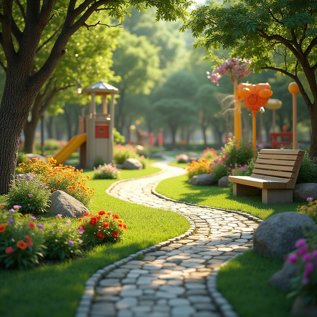 Prompt: Vibrant playground, winding pathways, lush green grass, colorful blooming flowers, natural stone retaining walls, wooden benches, whimsical sculptures, playful water features, interactive splash pads, sensory gardens, textured tree bark, dappled shade, warm sunny day, soft focus, shallow depth of field, 1/2 composition, intimate scale, inviting atmosphere.