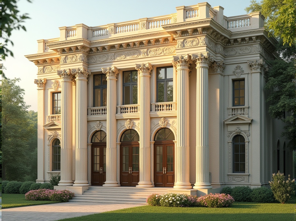 Prompt: Elegant neoclassical facade, ornate columns, intricately carved stonework, symmetrical composition, grand entranceways, decorative pilasters, arched windows, subtle cornice details, cream-colored stone cladding, soft warm lighting, morning sunlight, shallow depth of field, 1/1 composition, realistic textures, ambient occlusion, lush greenery, blooming flowers, manicured lawns, serene suburban atmosphere.