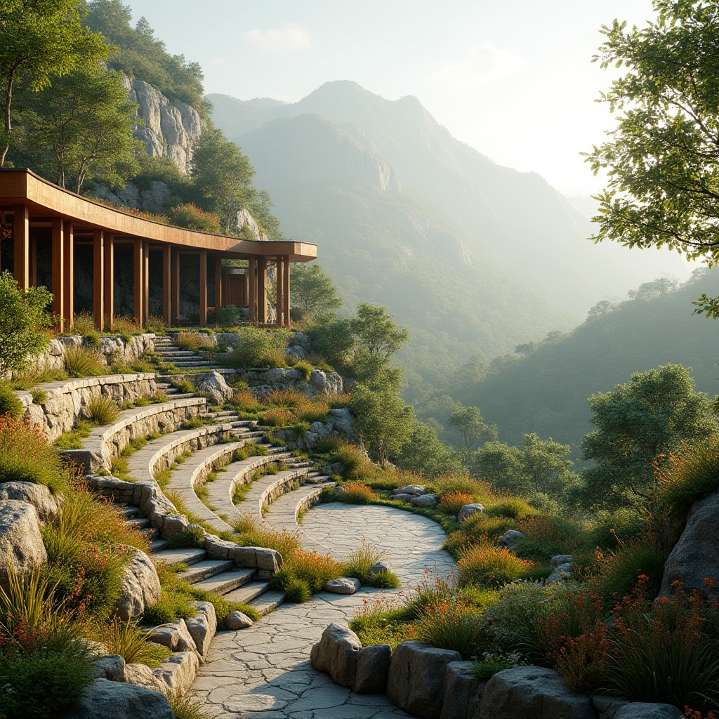 Prompt: Seamless landscape integration, amphitheater architecture, tiered seating, lush greenery, natural stone walls, rustic wooden accents, vibrant wildflowers, scenic overlooks, panoramic views, misty mornings, warm golden lighting, shallow depth of field, 3/4 composition, realistic textures, ambient occlusion, curved lines, organic forms, earthy color palette, eco-friendly materials, innovative drainage systems, rainwater harvesting, native plant species, meandering pathways, scenic vistas, tranquil atmosphere.