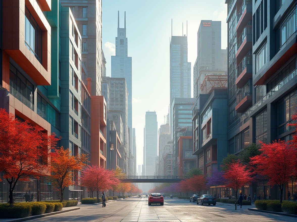 Prompt: Vibrant cityscape, modern skyscrapers, sleek glass facades, bold color accents, contrasting neutral tones, warm earthy undertones, rich textures, metallic finishes, atmospheric misting effects, urban jungle atmosphere, natural stone paving, futuristic neon lights, dynamic angular shapes, abstract geometric patterns, 3D modeling renderings, ambient occlusion shading, realistic material reflections.