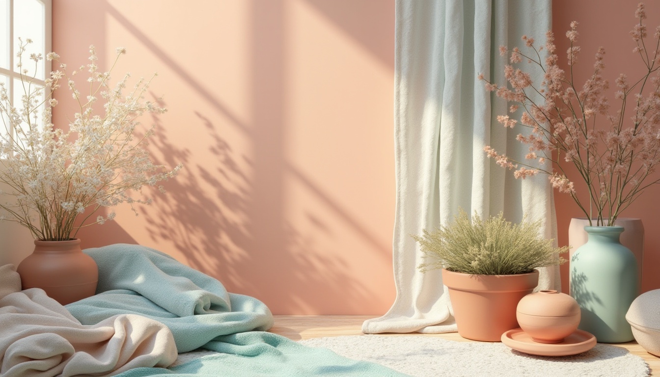 Prompt: Vibrant pastel hues, soft peach tones, calming lavender shades, warm beige accents, rich turquoise blues, creamy whites, subtle grey undertones, natural wood textures, woven fabrics, organic patterns, earthy terracotta pots, whimsical florals, delicate lace details, gentle morning light, shallow depth of field, 1/1 composition, realistic renderings, ambient occlusion.