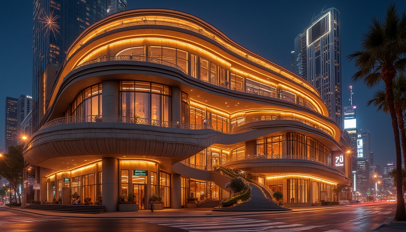 Prompt: Curved theater building, grand entrance, sweeping staircases, ornate balconies, intricate moldings, metallic accents, glass curtain walls, dynamic LED lighting, futuristic skyscrapers, urban cityscape, vibrant nightlife, bustling streets, warm golden spotlights, shallow depth of field, 1/1 composition, cinematic perspective, high-contrast rendering, detailed textures, ambient occlusion.