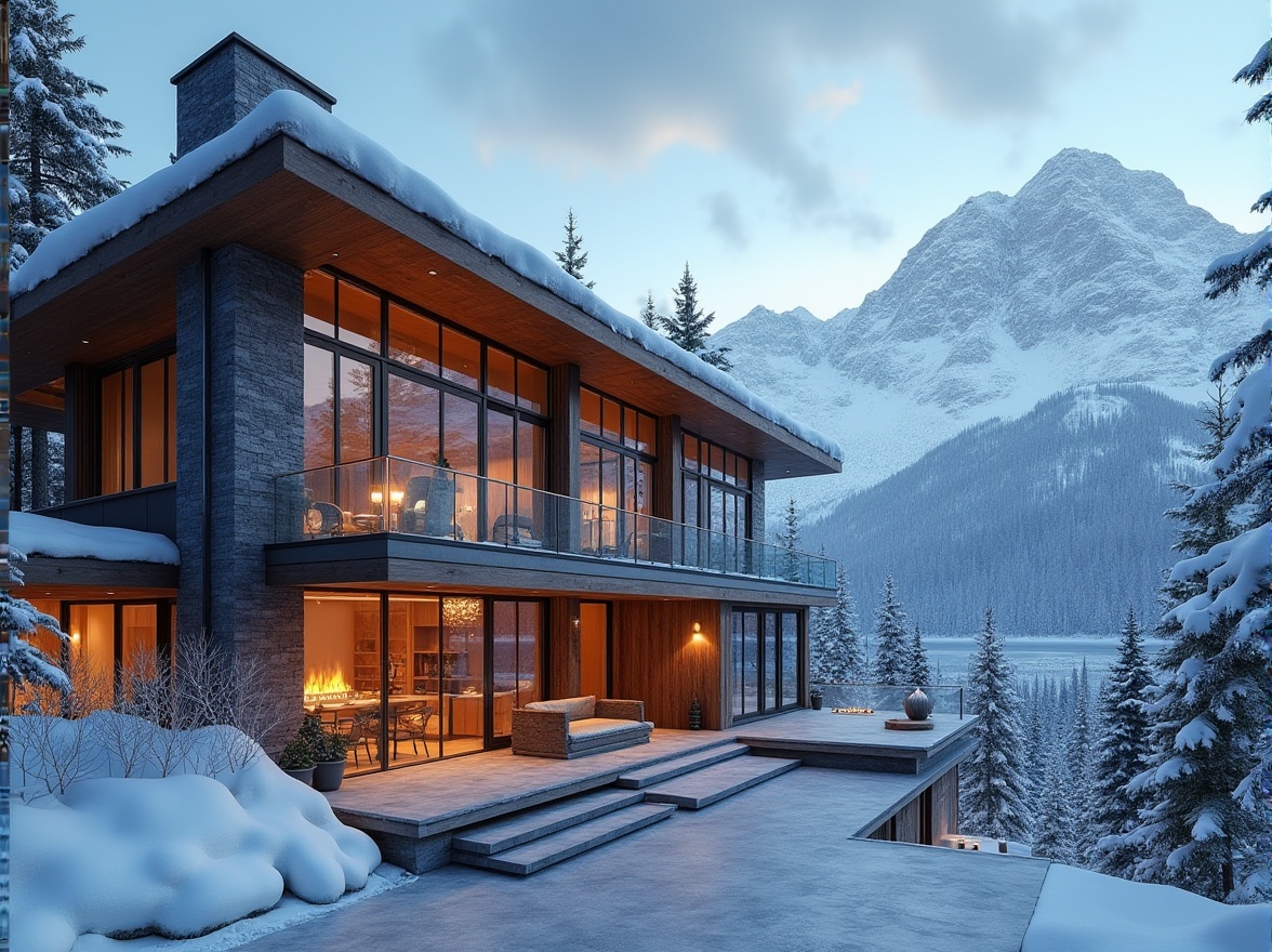 Prompt: Snow-capped mountains, wooden ski lodge, rustic stone walls, timber-framed windows, earthy color palette, natural textiles, cozy fireplace, warm ambient lighting, modern minimalist interior design, sleek metal accents, polished concrete floors, expansive glass facades, panoramic views, snow-covered rooftops, icy blue skies, frosty mornings, dramatic mountain vistas, 3/4 composition, shallow depth of field, realistic wood textures, ambient occlusion.