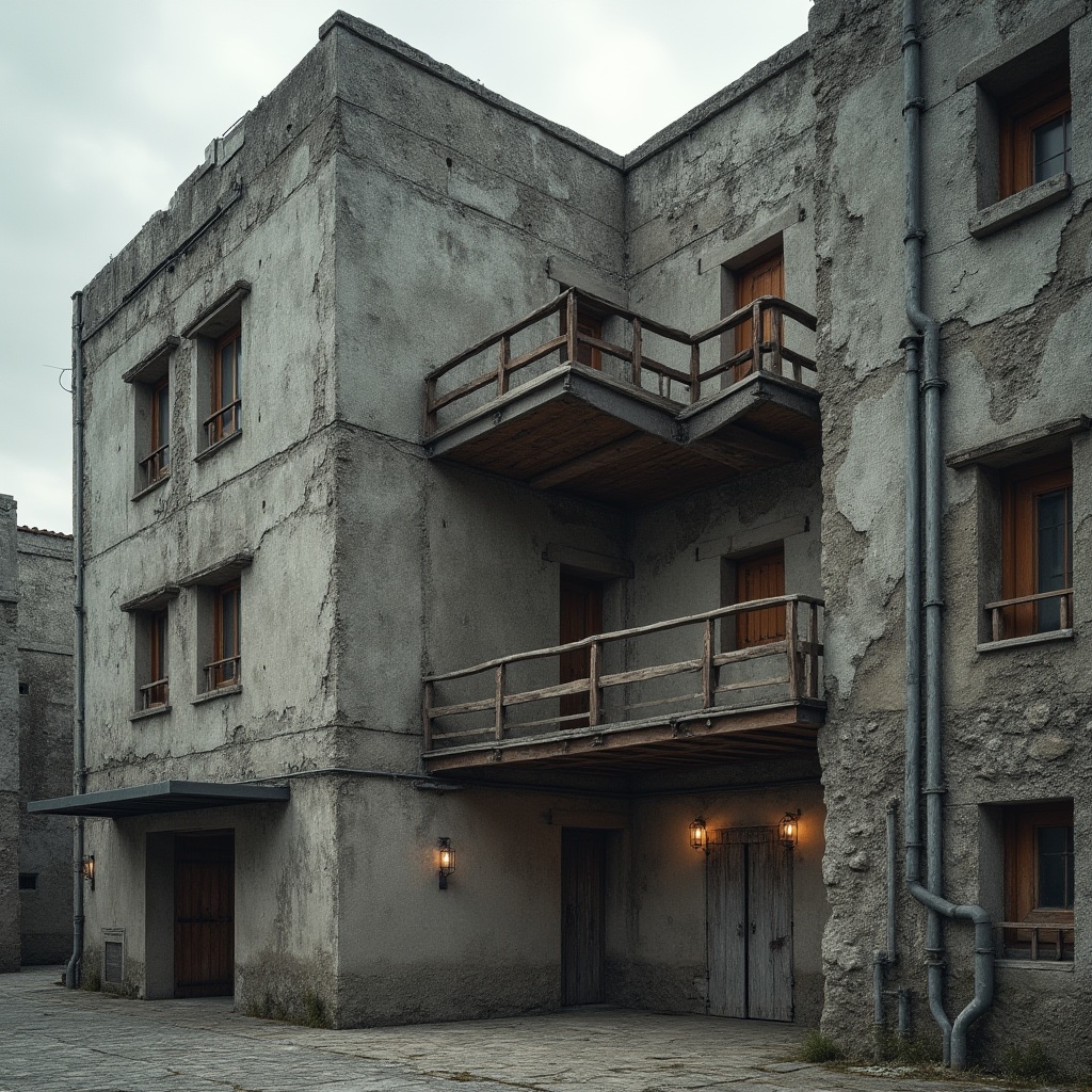 Prompt: Rugged brutalist building, exposed concrete walls, rough-hewn stone surfaces, weathered metal frames, industrial-style pipes, distressed wooden accents, urban cityscape, overcast cloudy day, dramatic shadows, high-contrast lighting, wide-angle lens, 2/3 composition, atmospheric perspective, realistic materials, subtle ambient occlusion.