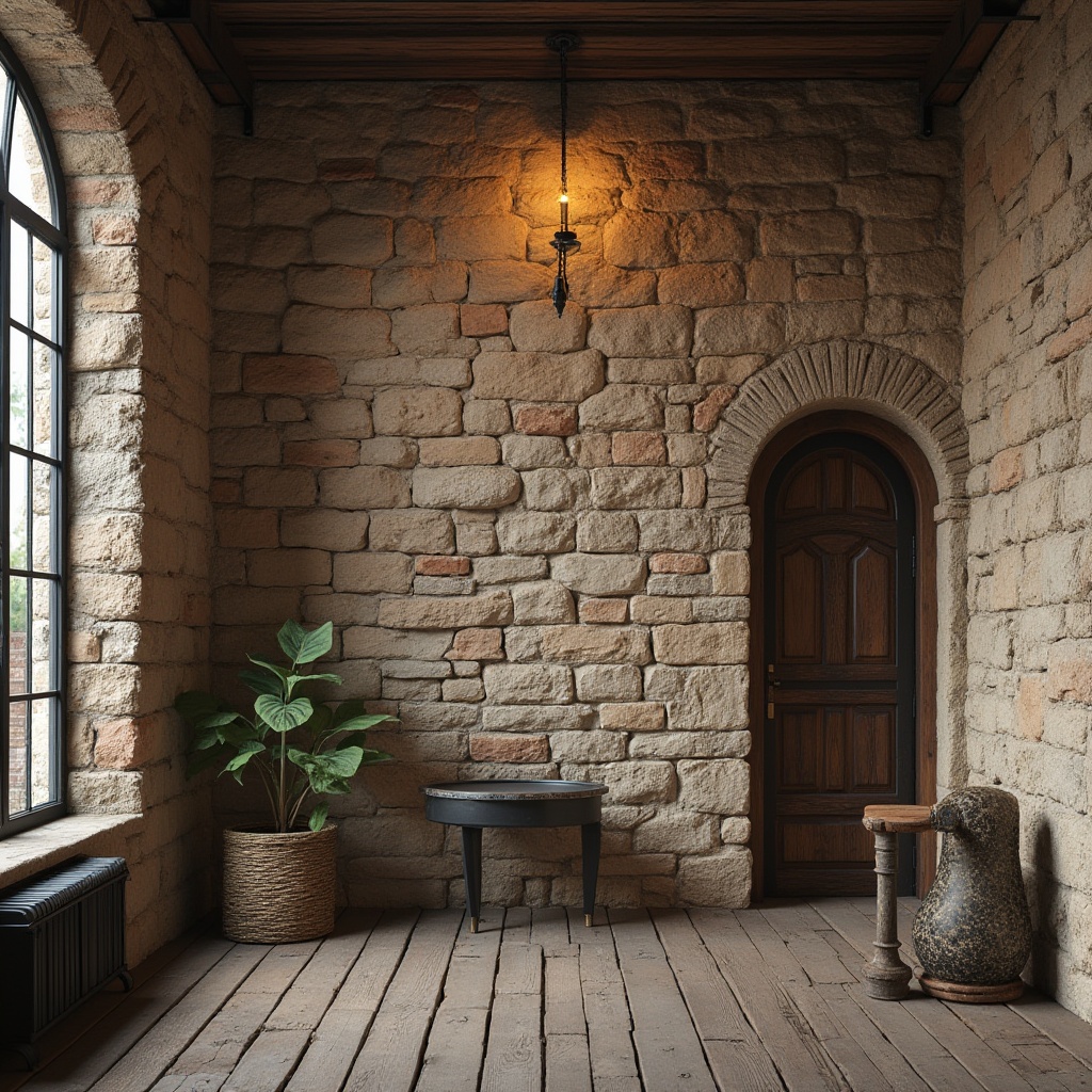 Prompt: Rustic stone walls, earthy tones, organic patterns, natural materials, rough-hewn wooden accents, distressed metal finishes, industrial chic aesthetic, urban loft atmosphere, reclaimed wood floors, exposed brick ceilings, vintage decorative tiles, ornate moldings, intricate carvings, warm ambient lighting, soft shadows, high-contrast textures, detailed normal maps, realistic material responses.