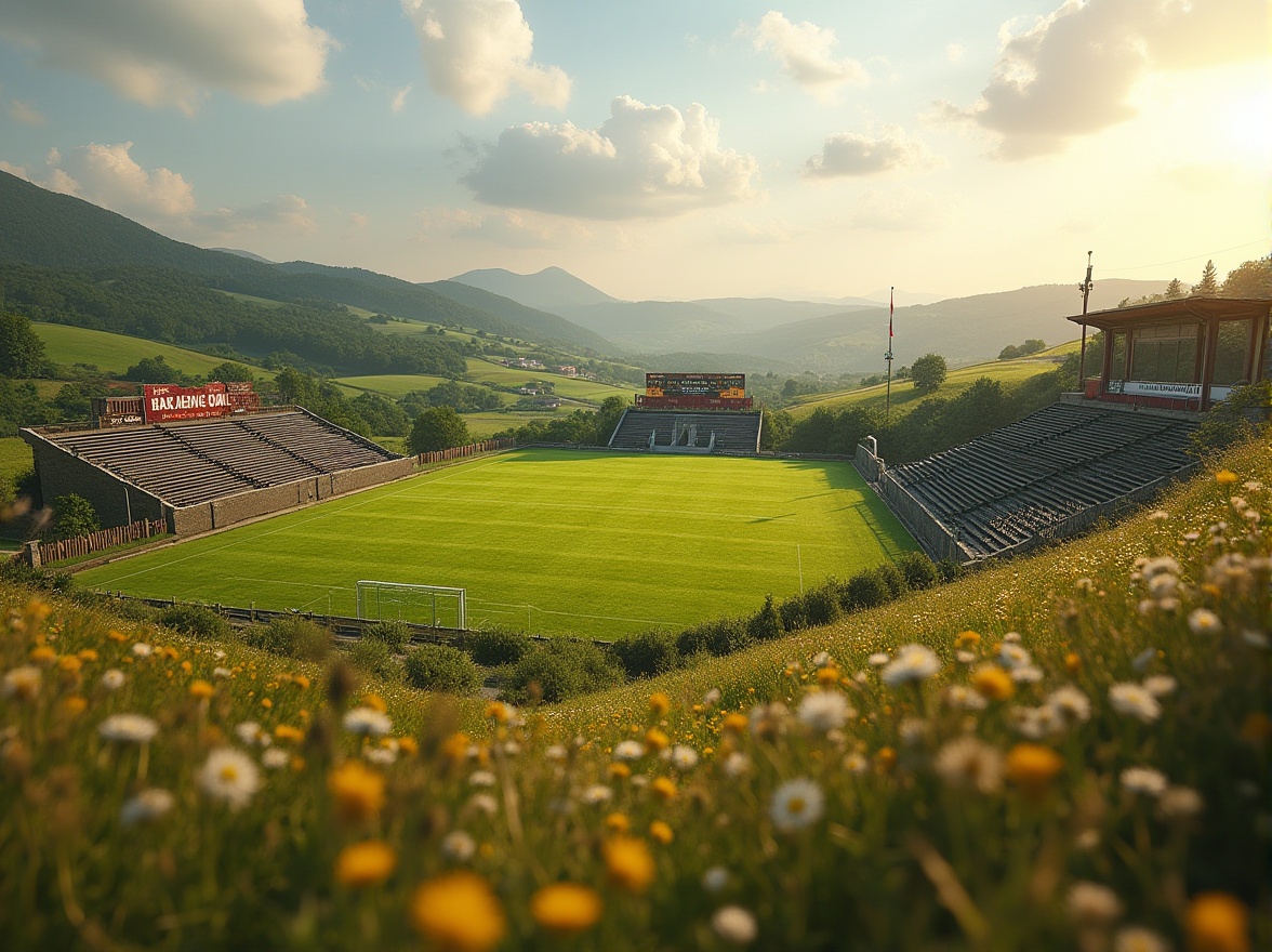 Prompt: Rural football stadium, lush green grass, rolling hills, rustic wooden fences, vintage metal bleachers, scoreboard with classic font, natural stone walls, country road access, surrounding farmland, wildflower meadows, sunny afternoon, warm golden lighting, shallow depth of field, 3/4 composition, panoramic view, realistic textures, ambient occlusion.