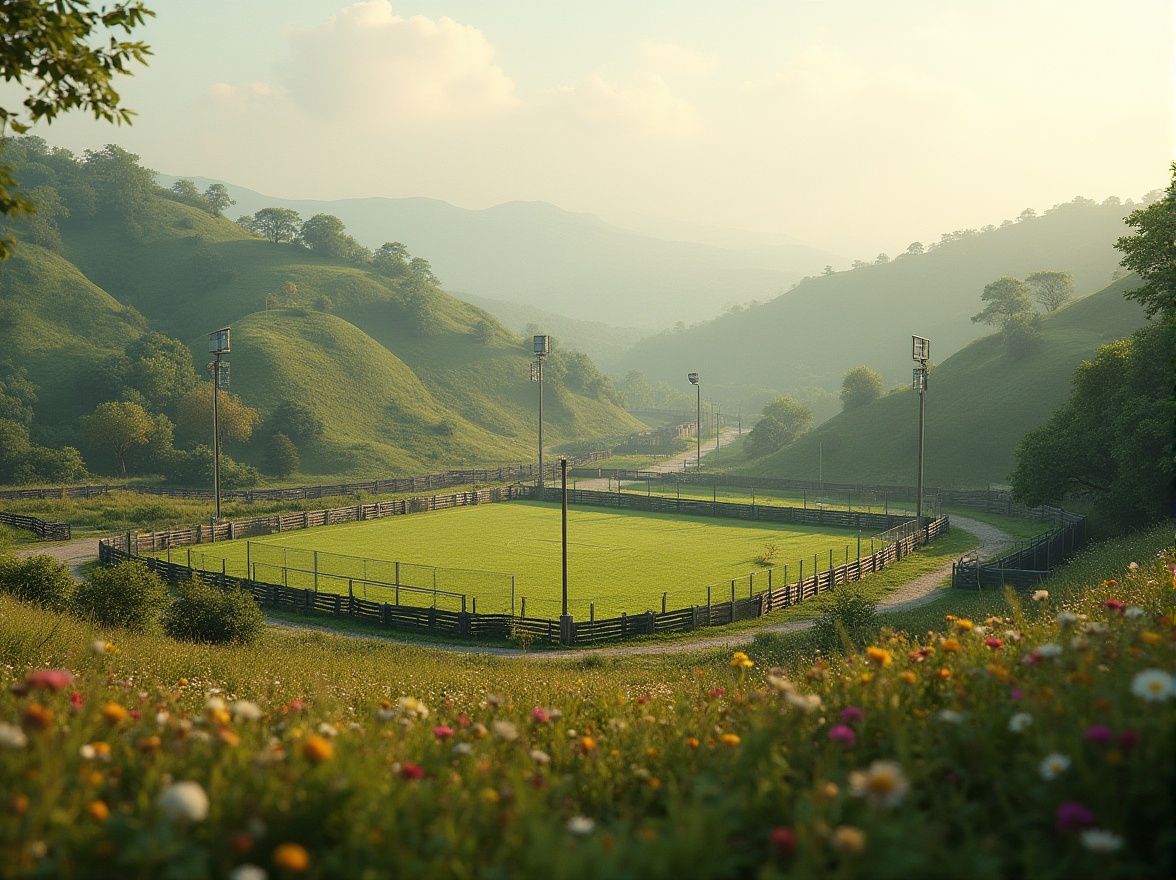 Prompt: Rustic rural landscape, rolling hills, lush green grass, wildflower meadows, wooden fences, vintage goalposts, natural stone seating areas, earthen berms, rural road access, gravel parking lots, simple scoreboard, floodlighting, misty morning atmosphere, soft warm lighting, shallow depth of field, 3/4 composition, panoramic view, realistic textures, ambient occlusion.