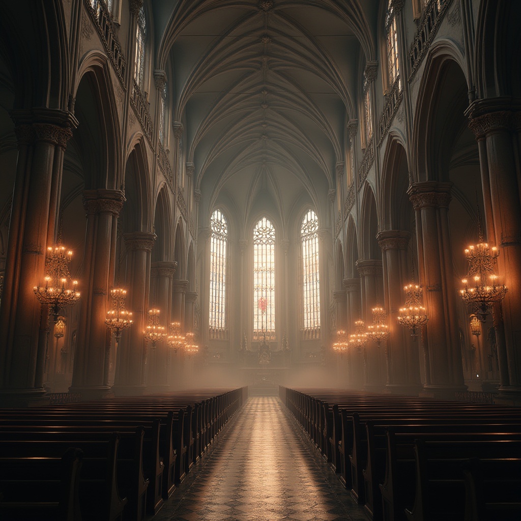 Prompt: Grand cathedral interior, vaulted ceilings, ribbed arches, pointed Gothic arches, stained glass windows, intricate stone carvings, ornate pinnacles, dramatic chandeliers, majestic nave, grand altar, elegant wooden pews, mysterious ambiance, soft warm lighting, high contrast ratio, atmospheric fog, cinematic composition, symmetrical framing, detailed textures, realistic reflections.