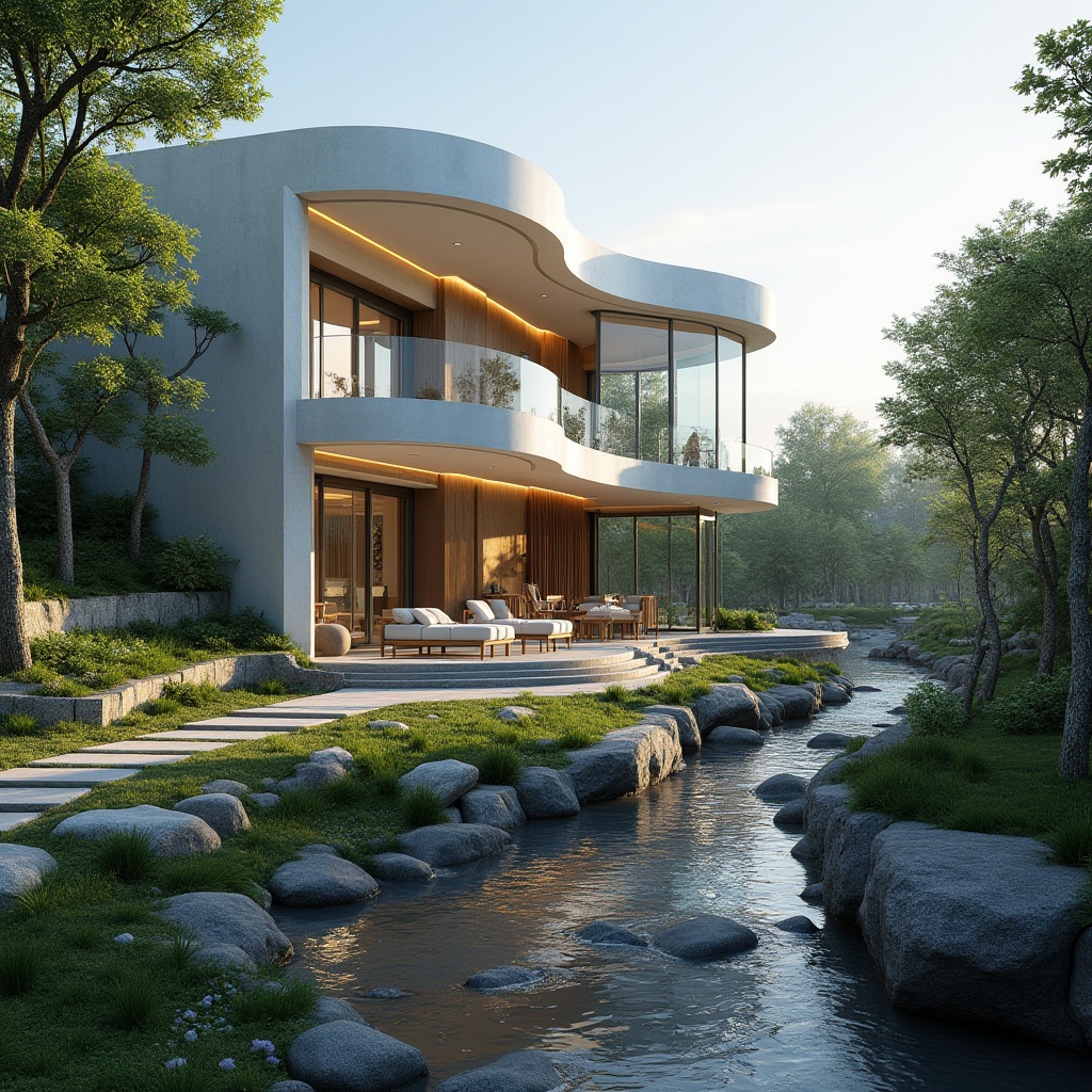 Prompt: Curved villa facade, sleek modern lines, silver metallic materials, reflective glass surfaces, minimalist ornamental details, lush greenery surroundings, serene stream views, natural stone pathways, contemporary exterior lighting, soft warm ambiance, shallow depth of field, 3/4 composition, panoramic view, realistic textures, ambient occlusion.