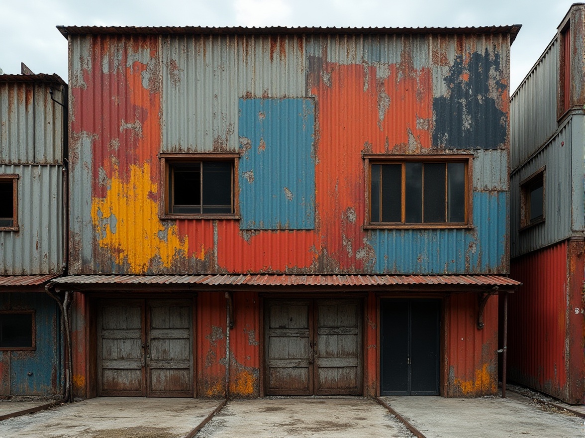 Prompt: Expressive workshop facade, industrial metal cladding, bold geometric patterns, vibrant color accents, abstract sculptural forms, irregular window arrangements, cantilevered overhangs, dynamic angular lines, experimental material combinations, distressed wood textures, weathered steel surfaces, atmospheric misting systems, dramatic uplighting, high-contrast shadows, 1/2 composition, close-up shots, moody atmospheric rendering.