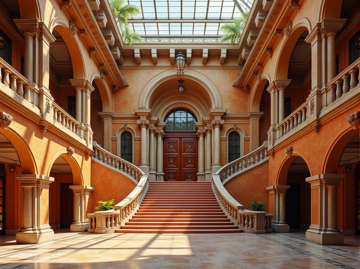 Prompt: Grand courthouse entrance, ornate columns, rusticated stonework, grand staircases, sweeping archways, vibrant color schemes, playful geometric patterns, irregular forms, asymmetrical compositions, rich textures, intricate moldings, eclectic mix of historical references, modern materials, glass atriums, cantilevered roofs, dramatic lighting effects, warm golden tones, 1/1 composition, shallow depth of field, realistic rendering.