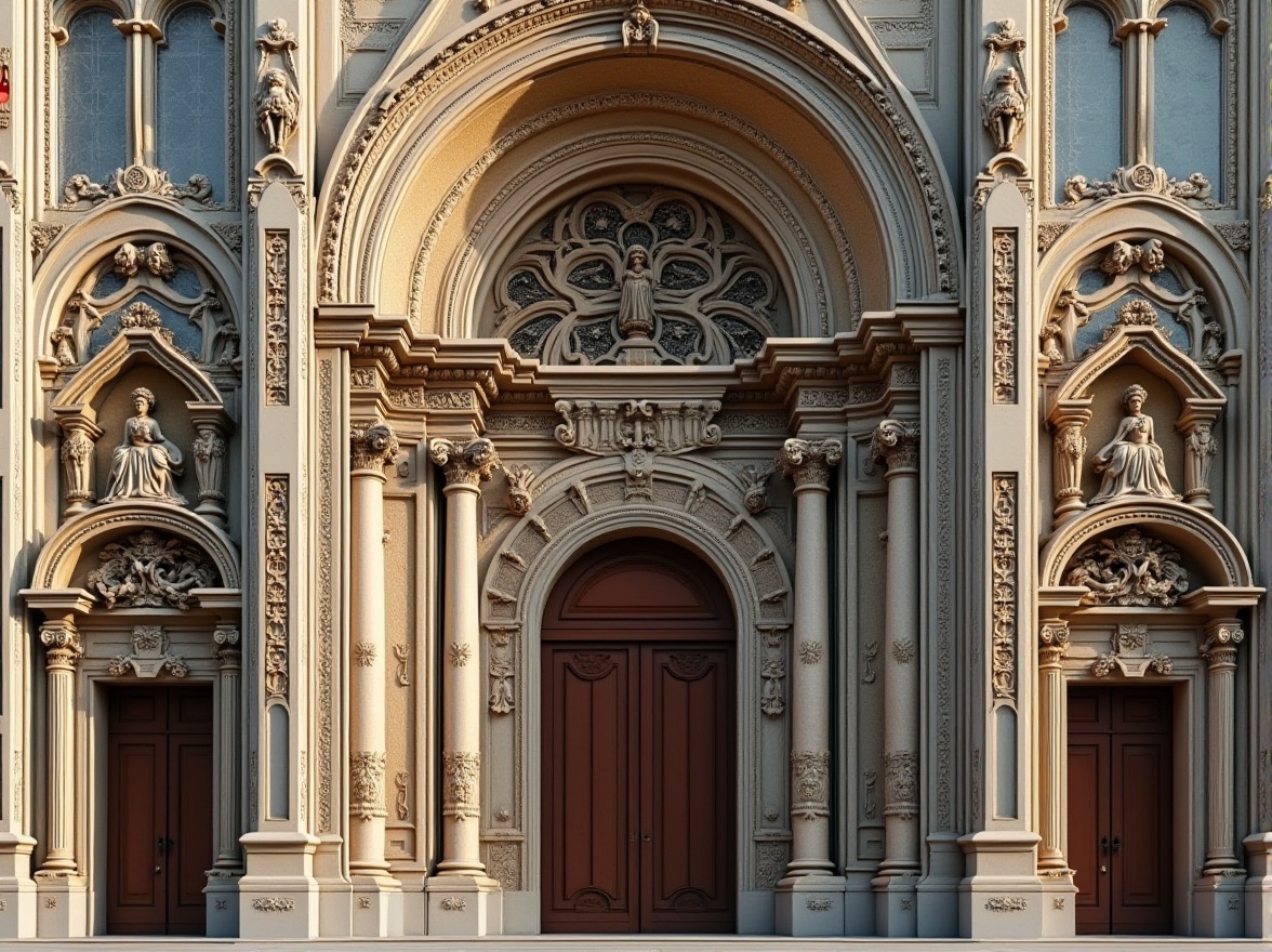 Prompt: Grand Renaissance church facade, ornate stone carvings, majestic columns, intricately sculpted arches, stained glass windows, vibrant colorful frescoes, gilded decorative accents, grandiose entrance doors, symmetrical composition, Baroque-inspired details, subtle weathering effects, soft warm lighting, shallow depth of field, 1/2 composition, realistic textures, ambient occlusion.