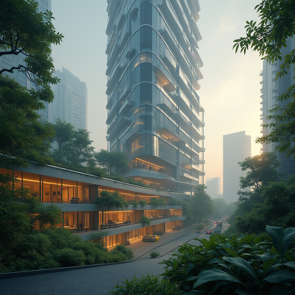 Prompt: Modern skyscraper, sleek glass fa\u00e7ade, high-rise architecture, vertical circulation system, efficient elevator design, speedy transportation, spacious atrium, natural ventilation, green walls, lush vegetation, urban jungle, cityscape view, misty morning light, soft warm glow, shallow depth of field, 1/1 composition, realistic reflections, ambient occlusion.