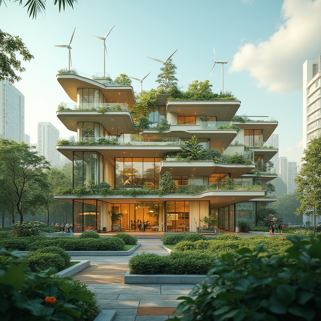 Prompt: Eco-friendly office building, green roofs, solar panels, wind turbines, water conservation systems, recycled materials, natural ventilation, abundant daylight, energy-efficient lighting, sustainable furniture, living walls, urban gardens, minimalist design, modern architecture, sleek glass facades, angular lines, vibrant colorful accents, realistic textures, ambient occlusion, soft warm lighting, shallow depth of field, 3/4 composition, panoramic view.