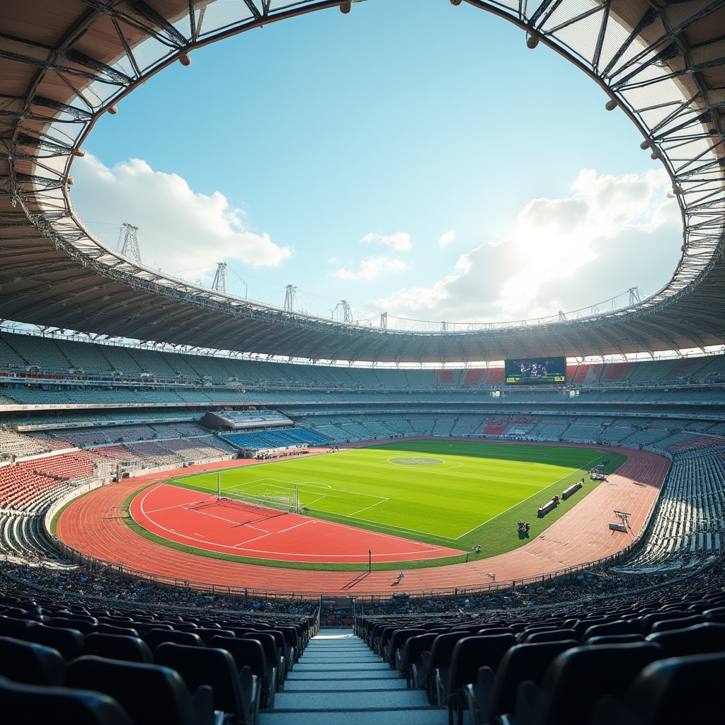 Prompt: Stadium architecture, grandstand seating, athletic tracks, sports floodlights, goalposts, scoreboard displays, lush green grass, vibrant team colors, geometric shapes, modern materials, cantilevered roofs, exposed steel structures, dynamic curves, urban skyline views, sunny afternoon light, shallow depth of field, 2/3 composition, realistic textures, ambient occlusion.