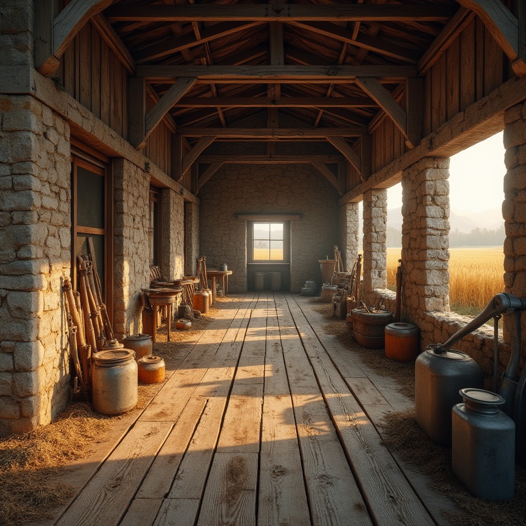 Prompt: Rustic barn, weathered wooden planks, distressed metal accents, vintage agricultural tools, earthy color palette, natural stone foundations, rough-hewn wood beams, exposed brick walls, industrial windows, soft warm lighting, shallow depth of field, 1/1 composition, symmetrical framing, realistic textures, ambient occlusion, rural landscape, rolling hills, golden wheat fields, morning mist, warm sunlight, impressionist brushstrokes.