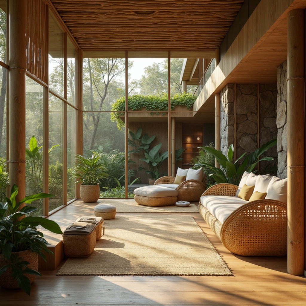 Prompt: Organic forms, reclaimed wood accents, bamboo flooring, natural stone walls, living green roofs, earthy color palette, woven textiles, rattan furniture, minimalist decor, abundant daylight, soft diffused lighting, 3/4 composition, shallow depth of field, warm atmospheric mood, serene ambiance, eco-friendly materials, sustainable design principles, environmentally conscious architecture.