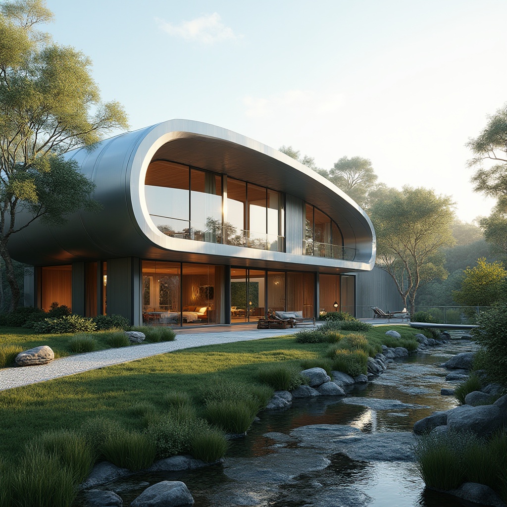 Prompt: Curved villa facade, streamlined modern architecture, silver metallic cladding, floor-to-ceiling windows, minimalist ornamentation, sleek lines, cantilevered rooflines, hidden gutters, flat rooftops, surrounding lush greenery, meandering stream, natural stone pathways, warm sunny day, soft diffused lighting, shallow depth of field, 3/4 composition, panoramic view, realistic reflections, ambient occlusion.