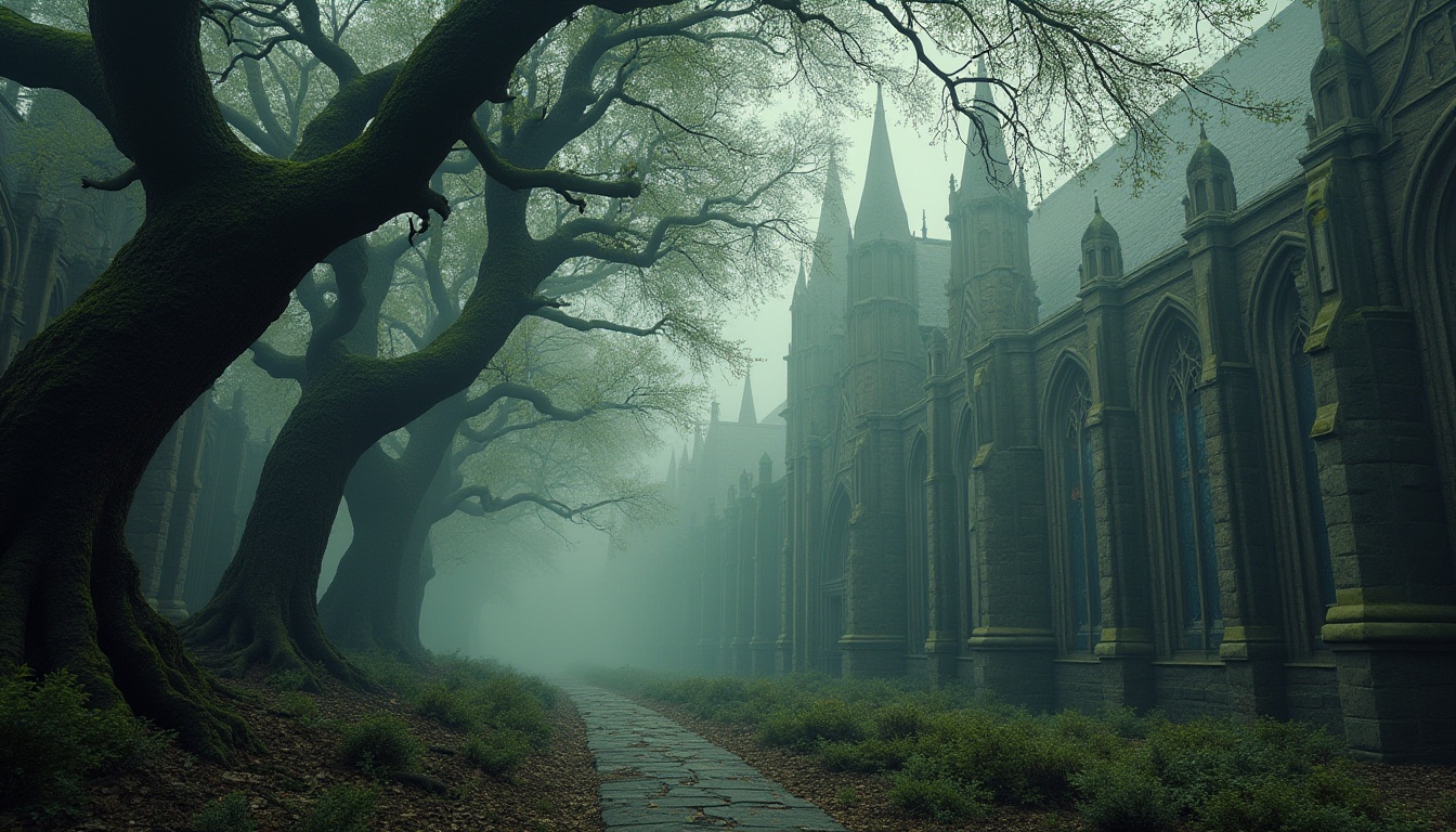 Prompt: Mystical forest, twisted tree branches, ancient stone walls, stained glass windows, grandiose cathedrals, intricate carvings, ornate facades, pointed arches, ribbed vaults, flying buttresses, mystical statues, foggy atmosphere, diffused soft lighting, 1/2 composition, low-angle shot, rich textures, ambient occlusion.