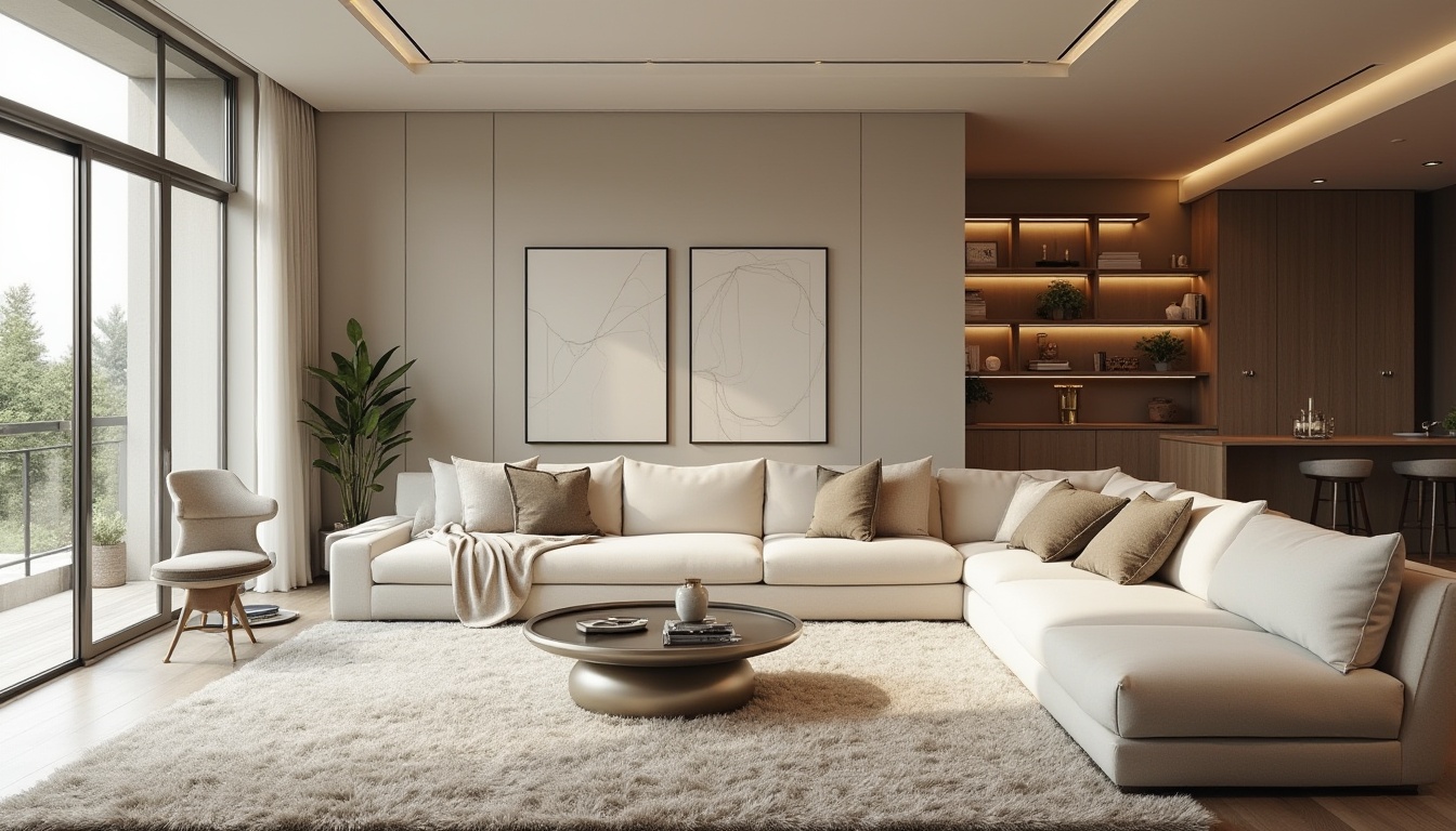 Prompt: Modern minimalist living room, sleek low-profile furniture, plush area rug, floor-to-ceiling windows, natural light pouring in, soft warm ambiance, 1/1 composition, shallow depth of field, realistic textures, ambient occlusion; calm color palette, creamy whites, soothing grays, taupe accents, luxurious fabrics, velvety sofa, metallic coffee table, greenery on shelves, abstract art pieces, recessed lighting, hidden storage compartments, functional shelving units, smart home automation system.