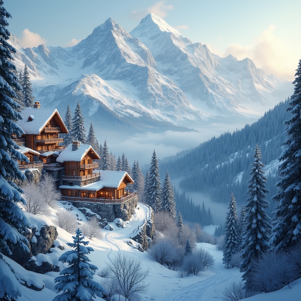 Prompt: Snow-capped mountain peaks, lush evergreen forests, winding ski trails, chairlifts, gondolas, rustic wooden lodges, warm fireplaces, cozy cafes, snowy pine trees, frozen waterfalls, icy rocky cliffs, frosty morning mist, soft powder snow, warm golden lighting, shallow depth of field, 3/4 composition, panoramic view, realistic textures, ambient occlusion.