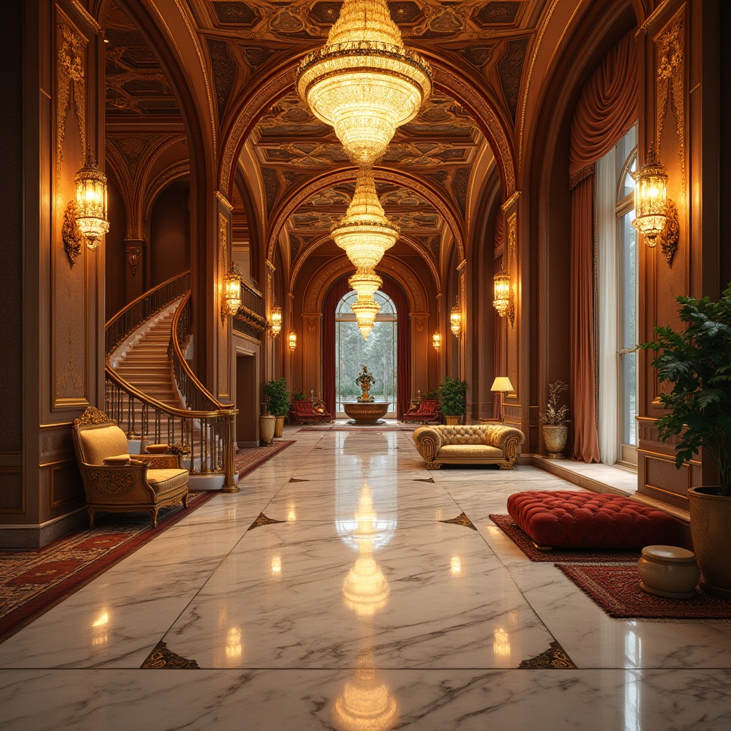 Prompt: Luxurious pavilion, ornate Art Deco details, lavish golden accents, rich velvet fabrics, polished marble floors, intricate geometric patterns, glamorous chandeliers, metallic finishes, opulent furnishings, grand staircases, sweeping archways, dramatic drapery, luxurious textiles, exotic wood veneers, sophisticated color palette, warm golden lighting, shallow depth of field, 1/1 composition, realistic reflections, ambient occlusion.