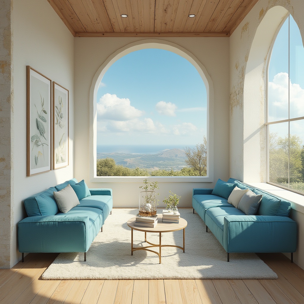 Prompt: Cerulean sky blue accents, soft creamy whites, warm beige tones, rich wood textures, natural stone walls, cozy reading nooks, plush velvet sofas, minimalist metal frames, delicate glass vases, serene landscape views, fluffy white clouds, bright sunny days, gentle warm lighting, shallow depth of field, 3/4 composition, panoramic view, realistic renderings, ambient occlusion.