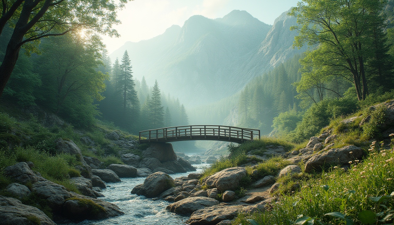 Prompt: Serene mountainous backdrop, lush green forests, meandering streams, rustic wooden bridges, natural stone pathways, wildflowers, gentle waterfalls, misty atmosphere, soft warm lighting, shallow depth of field, 3/4 composition, panoramic view, realistic textures, ambient occlusion, earthy color palette, organic forms, curved lines, blending boundaries, eco-friendly materials, sustainable design solutions.