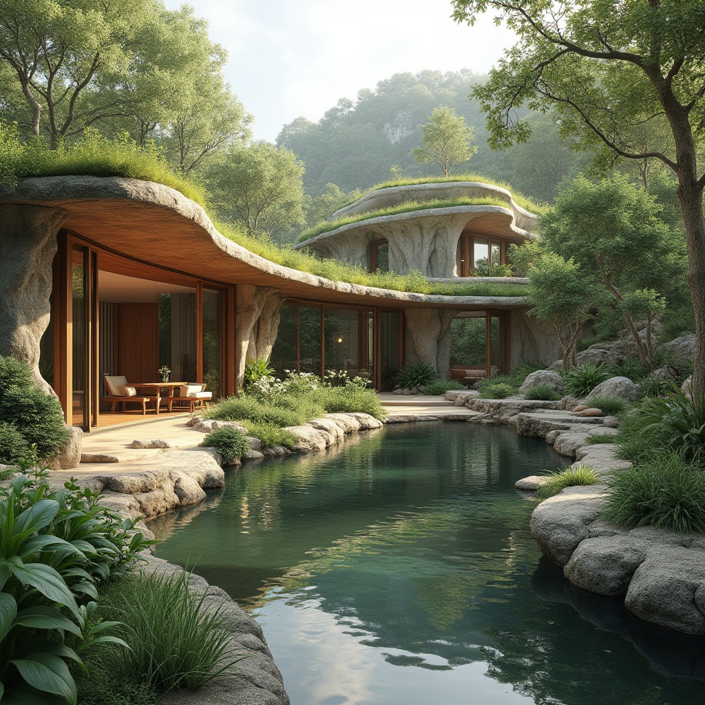 Prompt: Seamless landscape integration, curved building lines, natural stone fa\u00e7ades, lush green roofs, cascading water features, rustic wooden accents, earthy color palette, organic forms, minimalistic design, floor-to-ceiling windows, sliding glass doors, blurred indoor-outdoor boundaries, peaceful atmosphere, warm natural lighting, 3/4 composition, shallow depth of field, panoramic view, realistic textures, ambient occlusion.