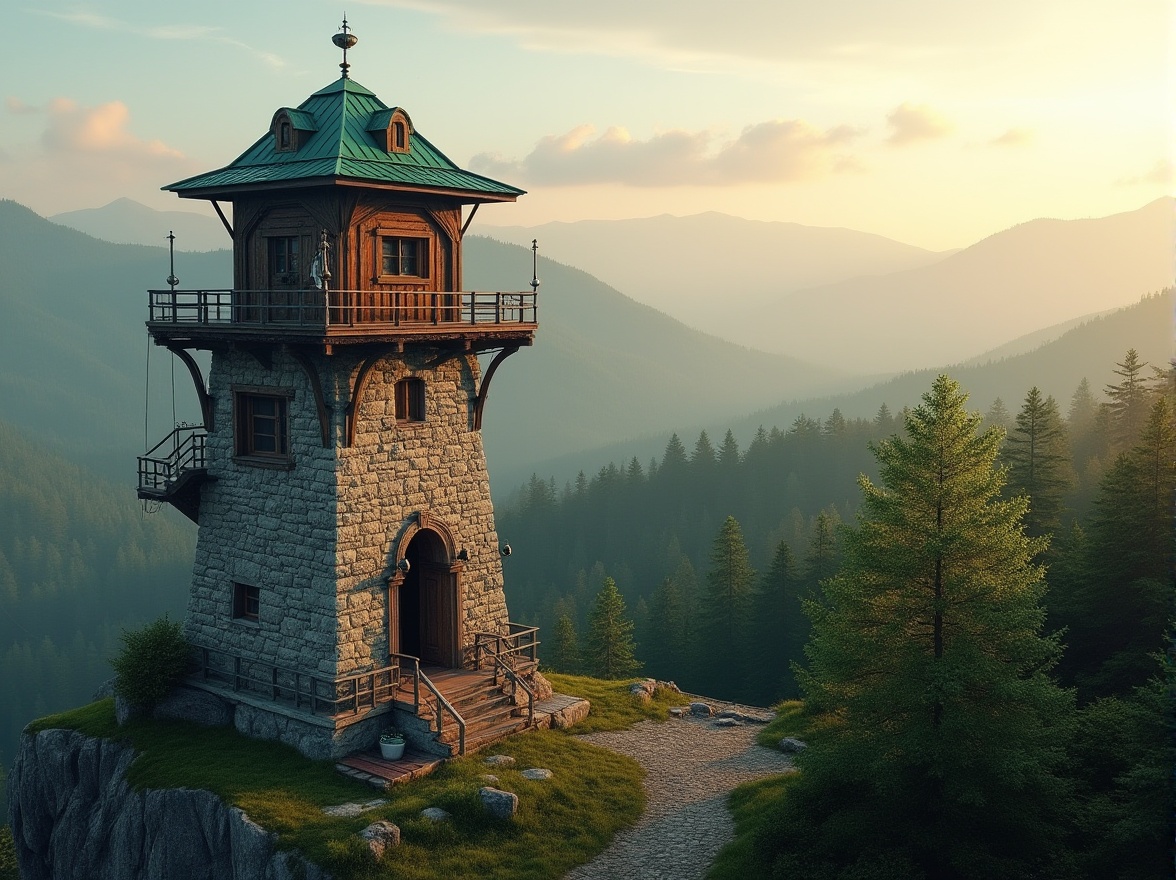 Prompt: Watchtower with rustic stone walls, wooden accents, green roof, scenic viewing decks, telescopes, binoculars, outdoor seating areas, natural surroundings, rolling hills, dense forests, winding trails, misty mornings, warm sunlight, soft shadows, shallow depth of field, 1/2 composition, atmospheric perspective, realistic textures, ambient occlusion.