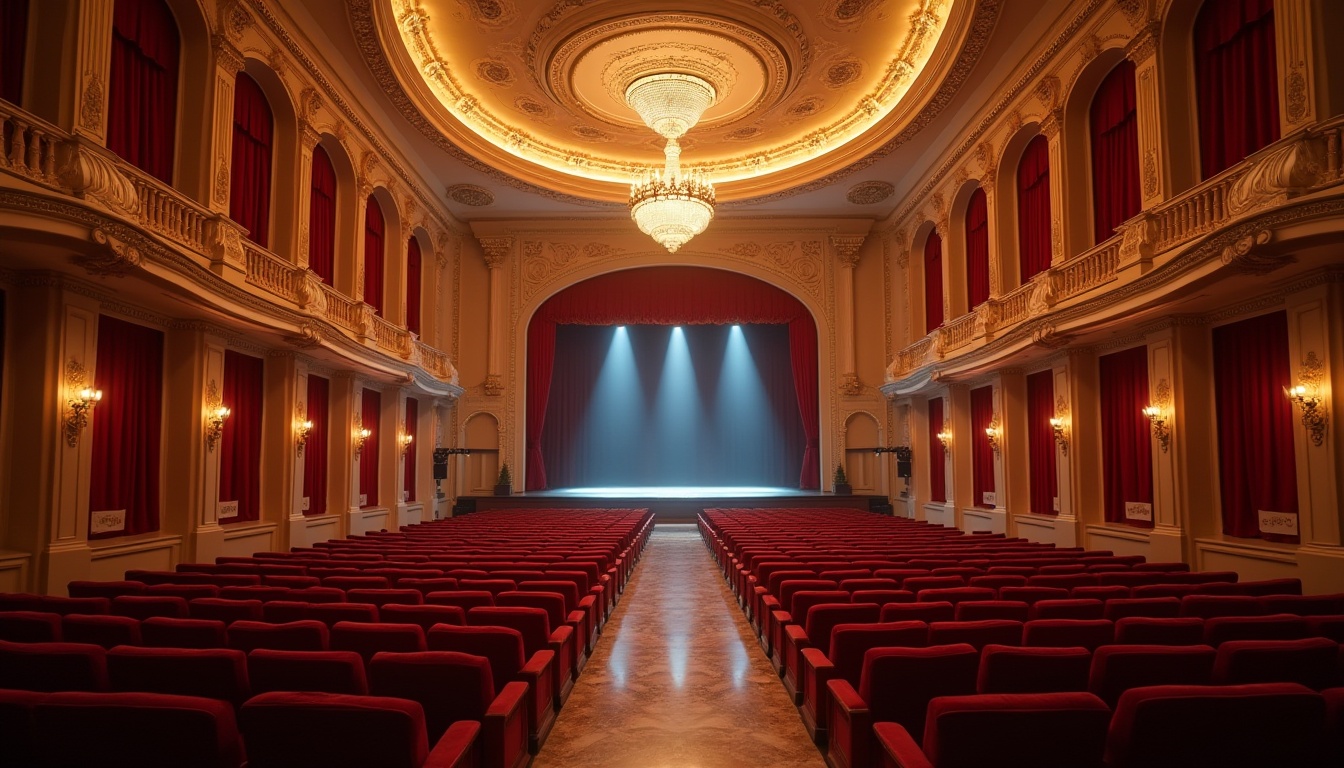 Prompt: Elegant theater interior, international style architecture, grand chandeliers, LED stage lights, dramatic spotlights, warm golden lighting, soft velvet curtains, ornate ceiling details, luxurious marble floors, plush red seats, majestic proscenium arches, intricate molding patterns, richly textured walls, subtle ambient lighting, 1/1 composition, cinematic perspective, high contrast ratios, realistic shadows, detailed architectural elements.