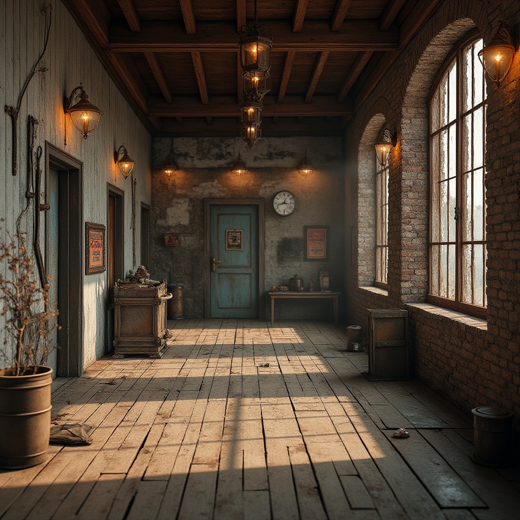 Prompt: Rustic wooden planks, weathered stone walls, distressed metal panels, rough-hewn brick facades, peeling paint, worn concrete floors, faded signage, vintage industrial machinery, nostalgic retro aesthetics, warm soft lighting, high contrast shadows, cinematic composition, atmospheric misting, realistic normal mapping, detailed 3D modeling.