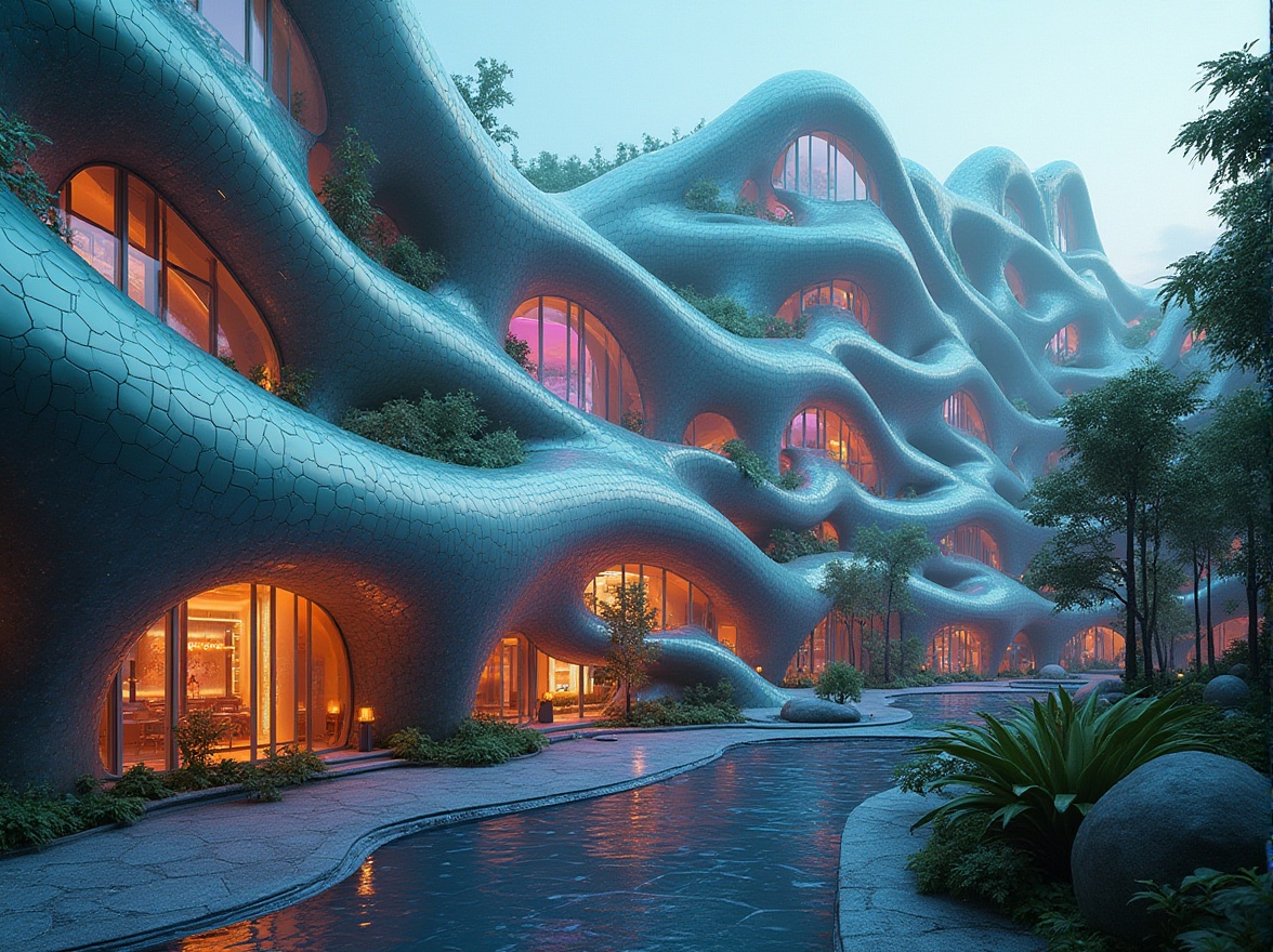 Prompt: Organic metabolism facade, undulating curves, parametric design, futuristic materials, iridescent colors, glowing accents, neon lights, dynamic patterns, responsive architecture, adaptive systems, self-sustaining structures, green roofs, living walls, bioluminescent details, soft ambient lighting, shallow depth of field, 3/4 composition, panoramic view, realistic textures, ambient occlusion.