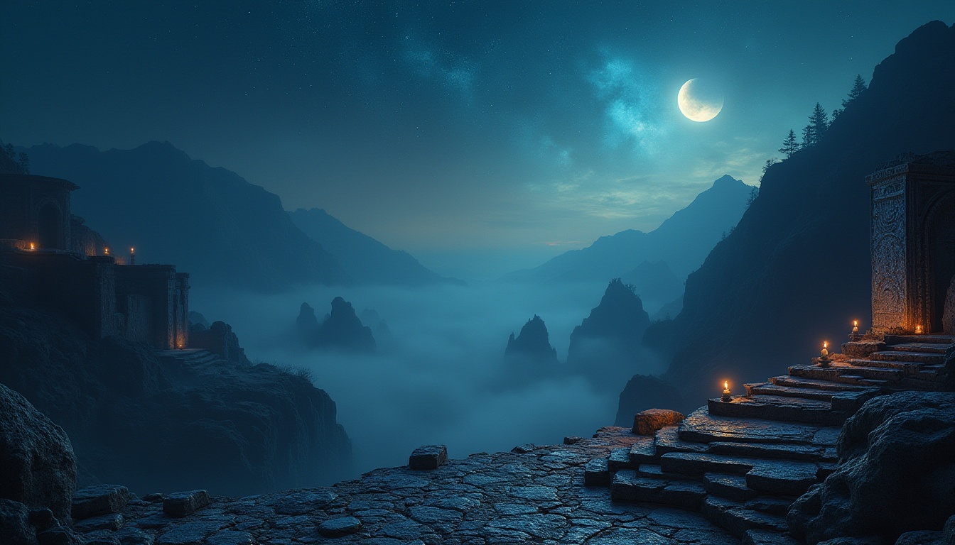 Prompt: Mysterious indigo night sky, twinkling stars, crescent moon, misty atmosphere, rugged mountains, ancient ruins, mystical artifacts, ornate stone carvings, intricate mosaics, lavish textiles, regal velvet fabrics, subtle gradient effects, rich jewel-toned colors, dramatic shadows, warm golden lighting, cinematic composition, atmospheric perspective, detailed normal maps.