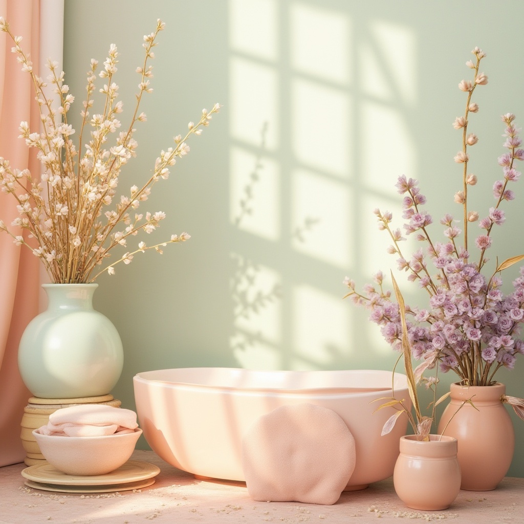 Prompt: Pastel color scheme, soft peach tones, calming mint greens, creamy whites, warm beige accents, gentle lavender hues, subtle golden highlights, natural wood textures, earthy terracotta elements, delicate floral patterns, watercolor-inspired brushstrokes, serene atmosphere, warm sunny day, shallow depth of field, 1/1 composition, realistic rendering, ambient occlusion.